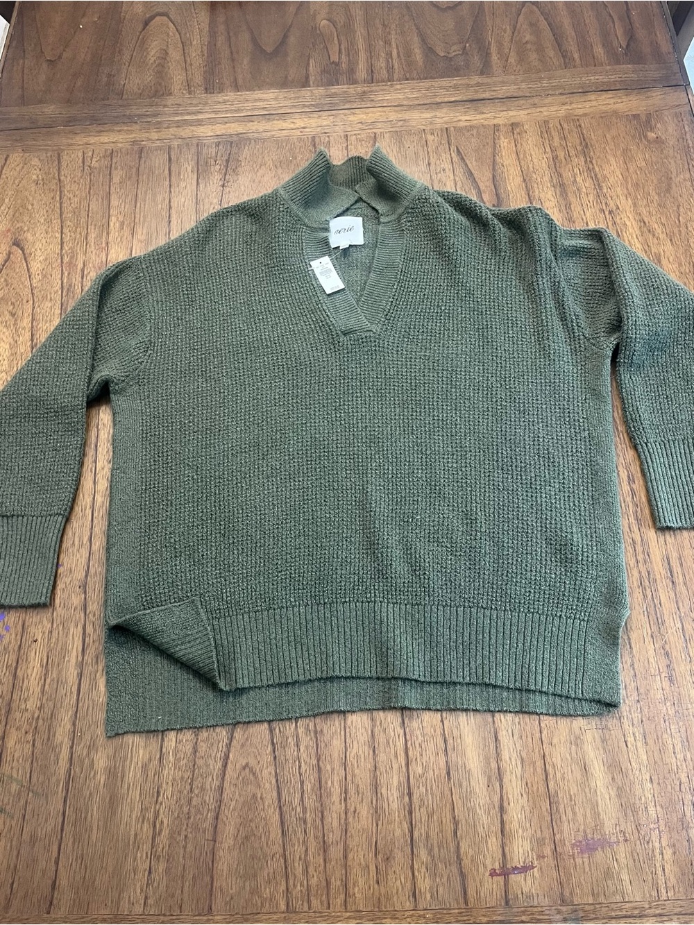 NWT Aerie Olive Green Waffle Knit Oversized V-Neck Sweater XS